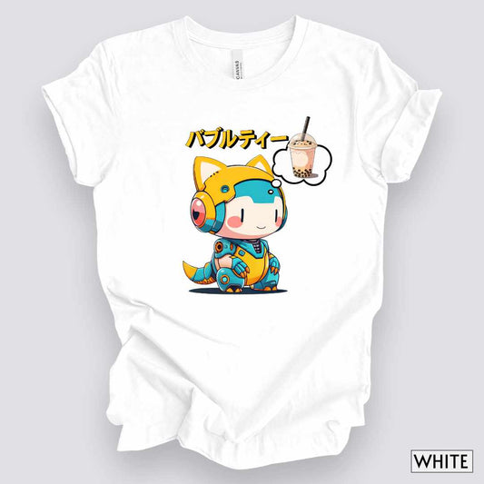 Kawaii Animal Robot Thinking of Bubble Tea T-Shirt__White__ Mockup Unisex T-Shirt