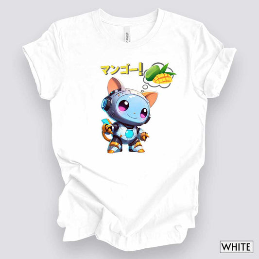 Kawaii Animal Robot Thinking of Mangoes T-Shirt__White__ Mockup Unisex T-Shirt