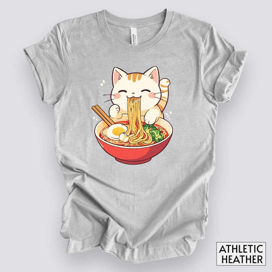 Kawaii Cat Eating Ramen Noodles T-Shirt__Athletic Heather__ Mockup Unisex T-Shirt