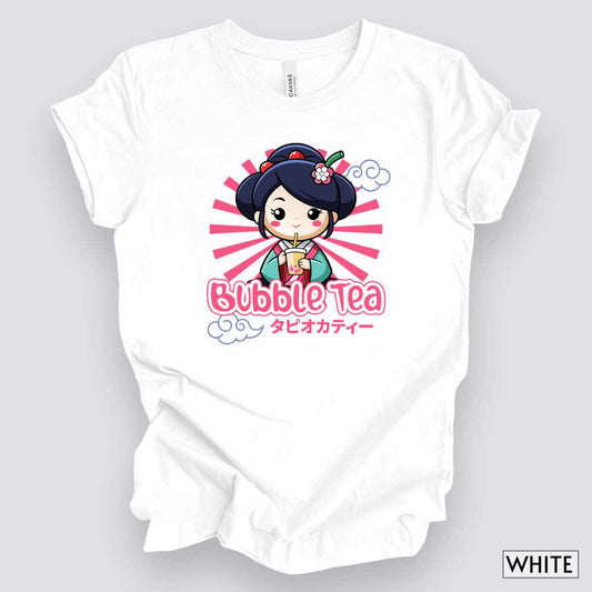 Kawaii Geisha Drinking Bubble Tea T-Shirt__White__ Mockup Unisex T-Shirt