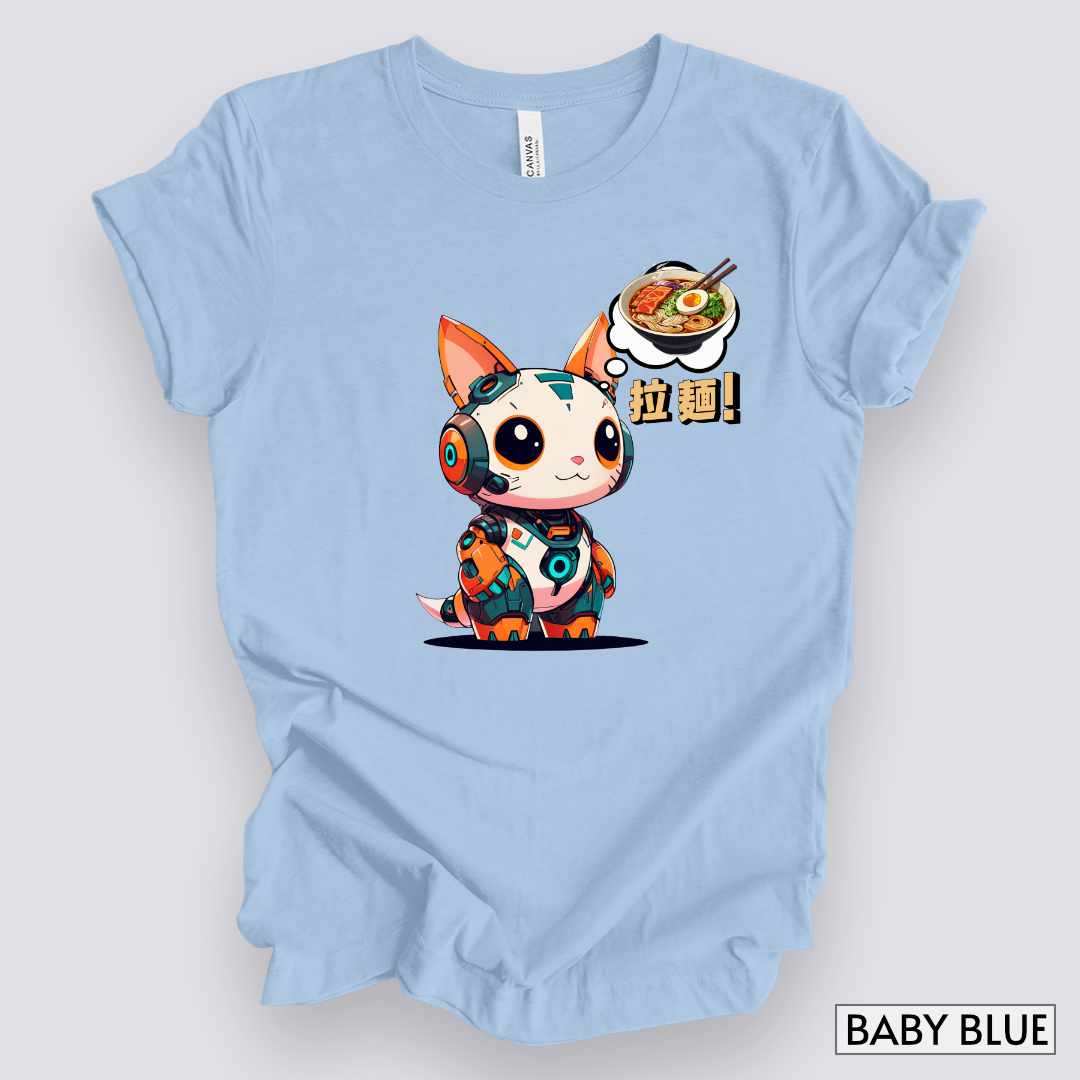 Kawaii Robot Rabbit Thinking of Ramen Noodles T-Shirt__Baby Blue__ Mockup Unisex T-Shirt