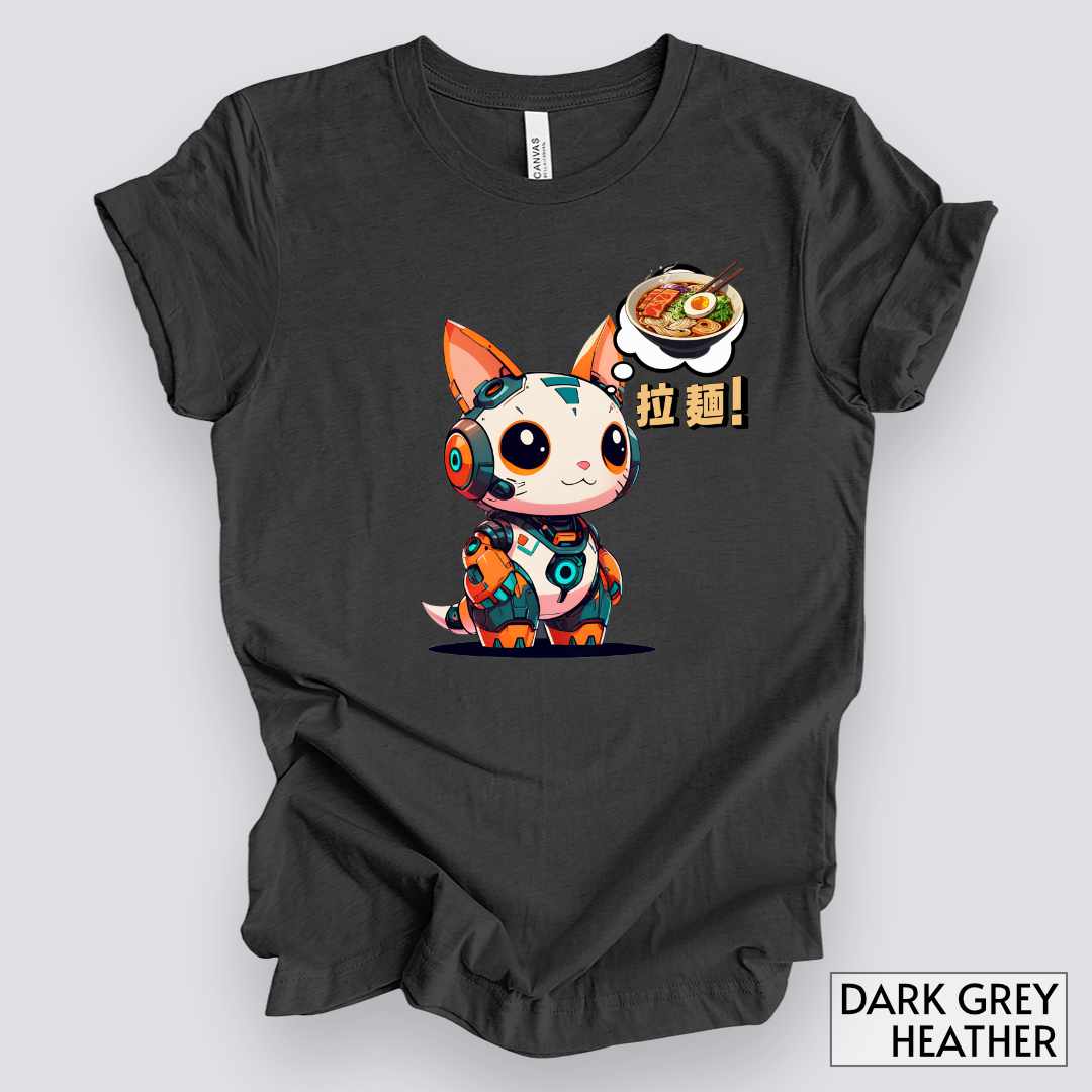 Kawaii Robot Rabbit Thinking of Ramen Noodles T-Shirt__Dark Grey Heather__ Mockup Unisex T-Shirt