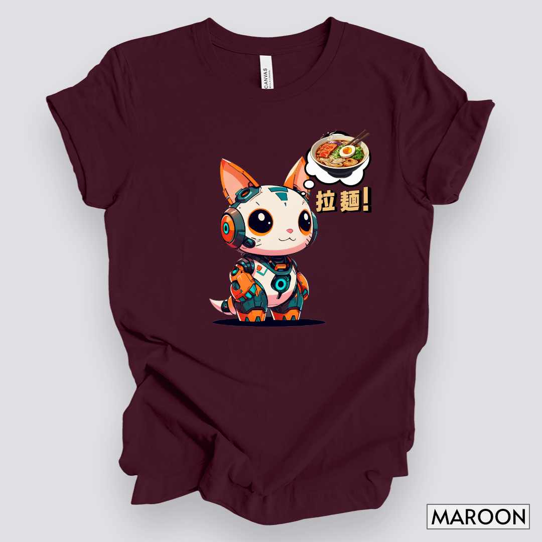 Kawaii Robot Rabbit Thinking of Ramen Noodles T-Shirt__Maroon__ Mockup Unisex T-Shirt