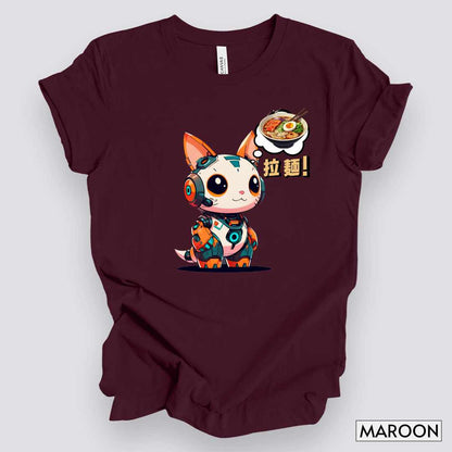 Kawaii Robot Rabbit Thinking of Ramen Noodles T-Shirt__Maroon__ Mockup Unisex T-Shirt