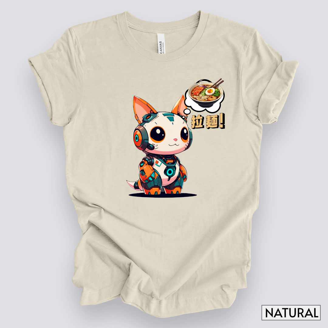 Kawaii Robot Rabbit Thinking of Ramen Noodles T-Shirt__Natural__ Mockup Unisex T-Shirt