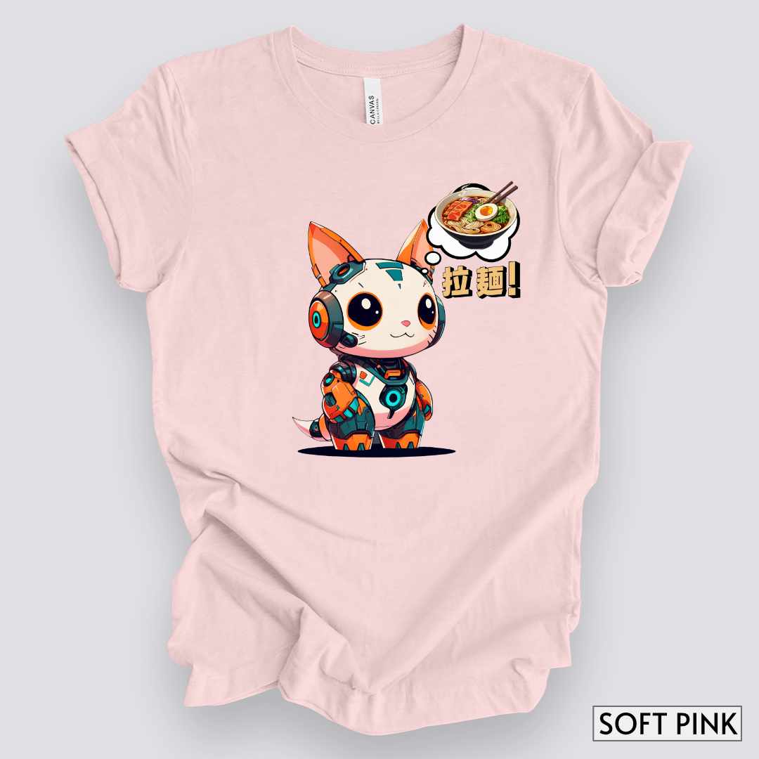 Kawaii Robot Rabbit Thinking of Ramen Noodles T-Shirt__Soft Pink__ Mockup Unisex T-Shirt