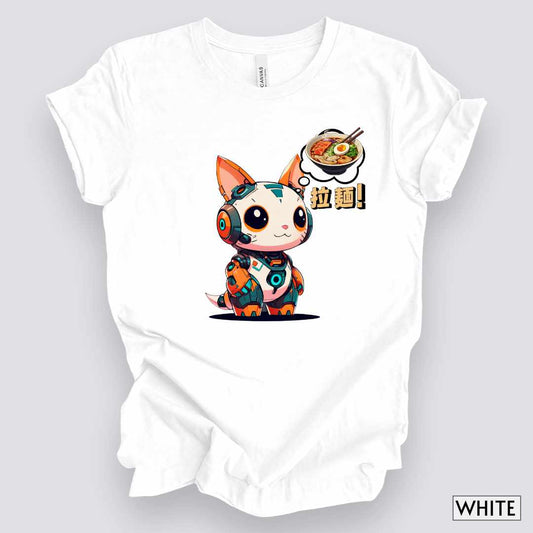 Kawaii Robot Rabbit Thinking of Ramen Noodles T-Shirt__White__ Mockup Unisex T-Shirt