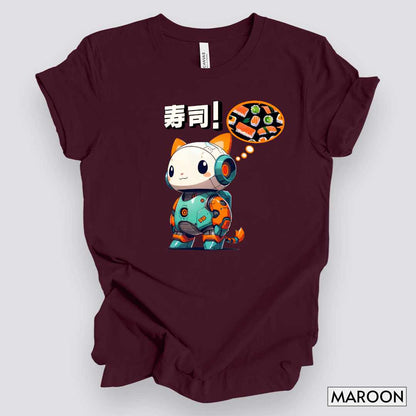 Kawaii Robot Rabbit Thinking of Sushi T-Shirt__Maroon__ Mockup Unisex T-Shirt