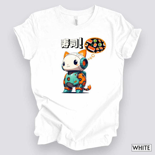Kawaii Robot Rabbit Thinking of Sushi T-Shirt__White__ Mockup Unisex T-Shirt
