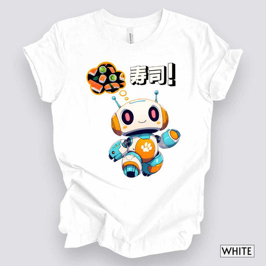 Kawaii Robot Thinking of Sushi T-Shirt__White__ Mockup Unisex T-Shirt