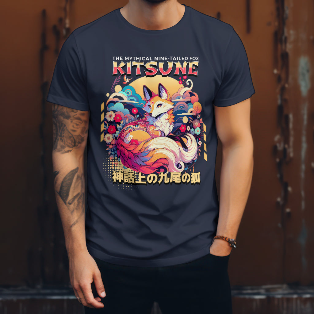 Kitsune_the_Nine-Tailed_Fox_Unisex_T-Shirt__Navy__Mockup_1