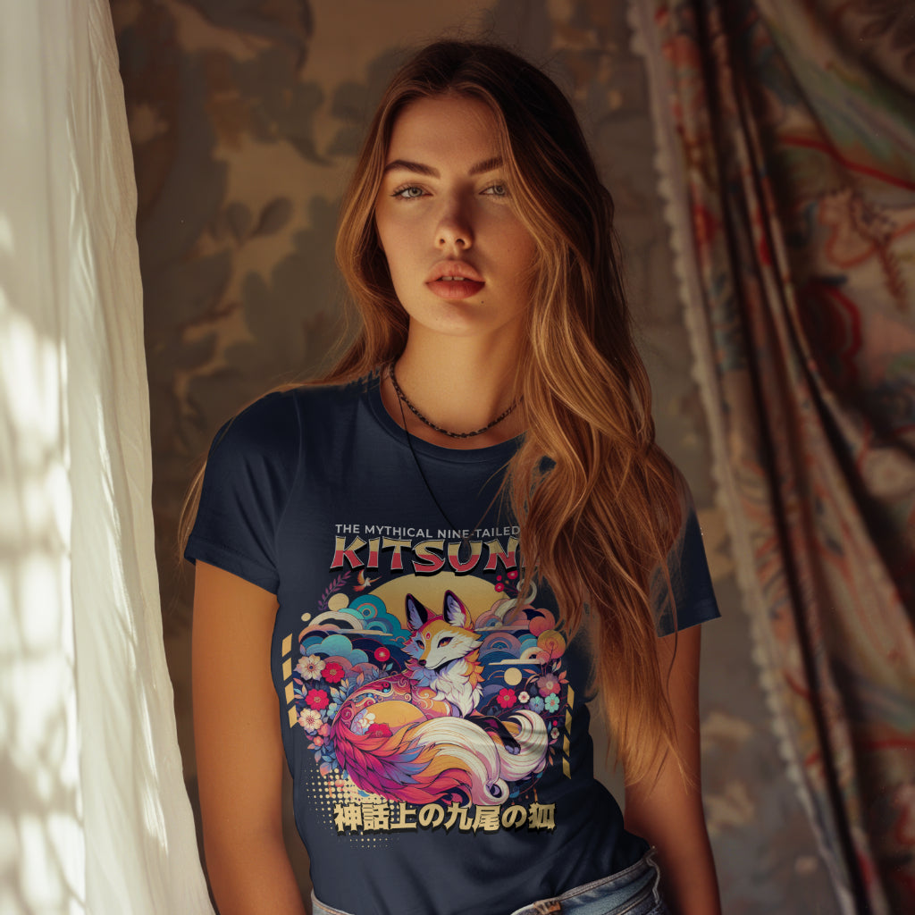 Kitsune_the_Nine-Tailed_Fox_Unisex_T-Shirt__Navy__Mockup_2