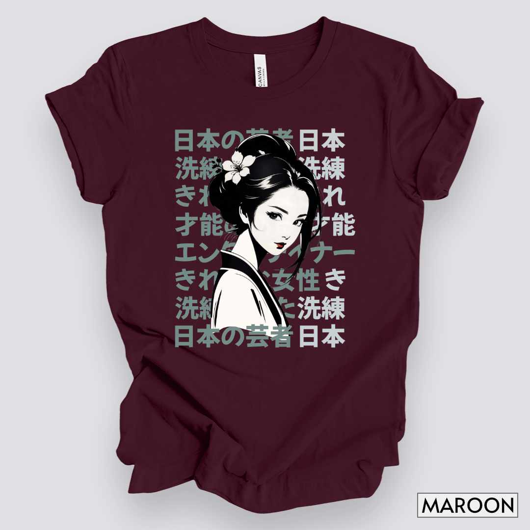 Sophisticated and Talented Geisha T-Shirt__Maroon__ Mockup Unisex T-Shirt