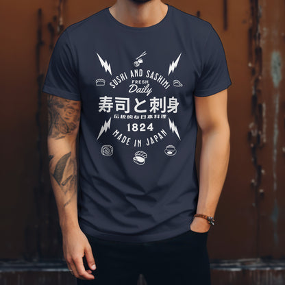 Sushi_and_Sashimi_Typography_Unisex_T-Shirt__Navy__Mockup_2