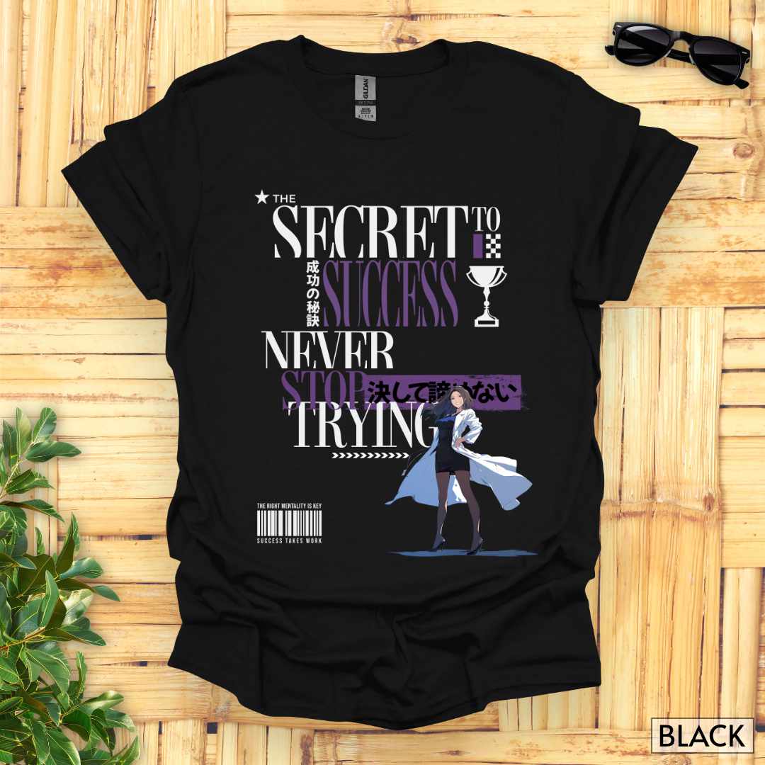 The_Secret_to_Success_Never_Stop_Trying_v1_Unisex_T-Shirt__Black__FBIG_Mockup