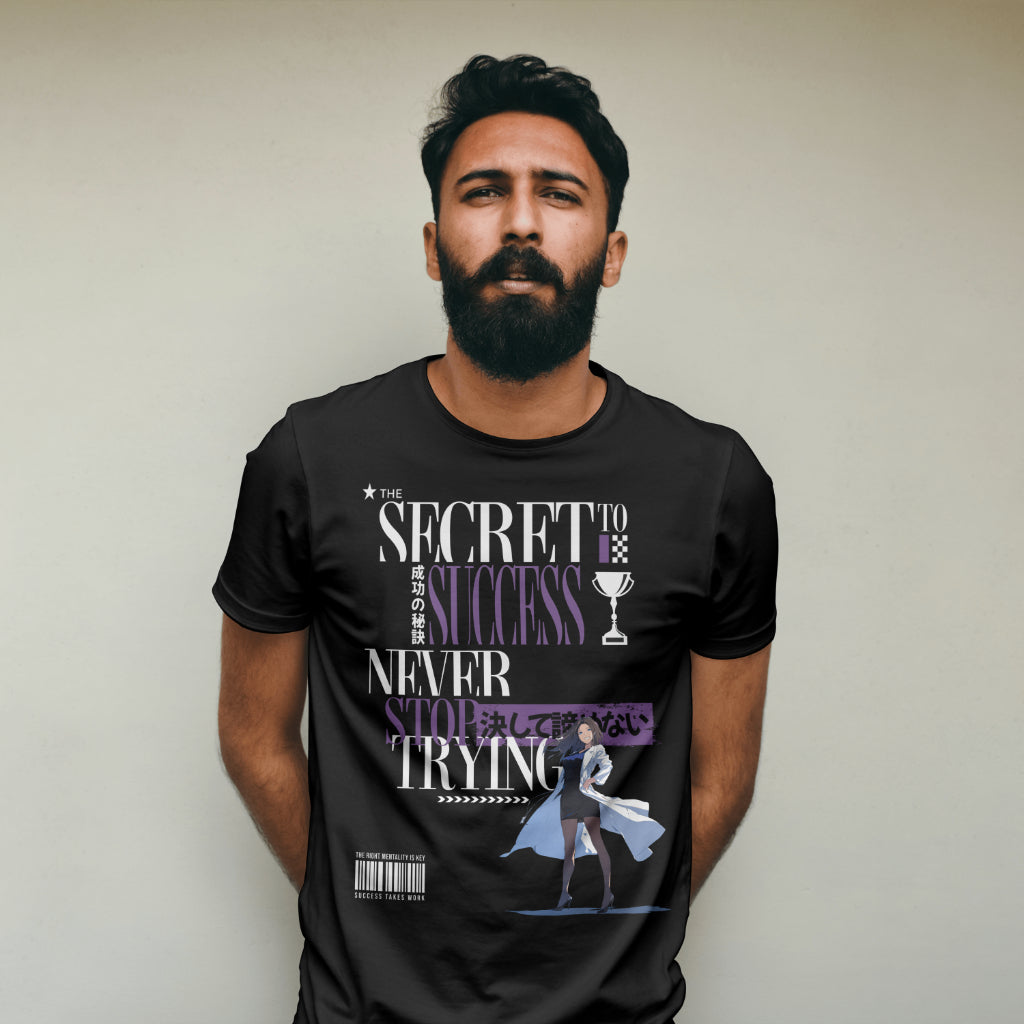 The_Secret_to_Success_Never_Stop_Trying_v1_Unisex_T-Shirt__Black__Mockup_1
