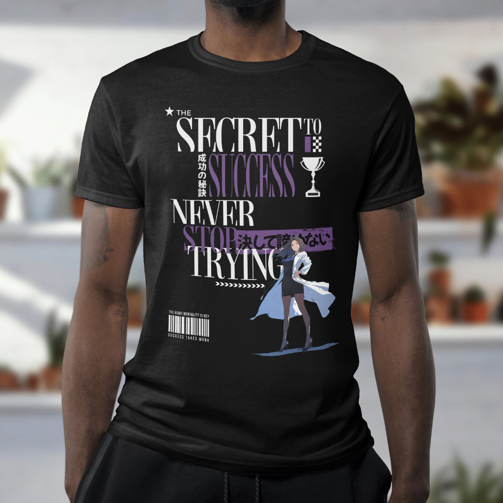 The_Secret_to_Success_Never_Stop_Trying_v1_Unisex_T-Shirt__Black__Mockup_2