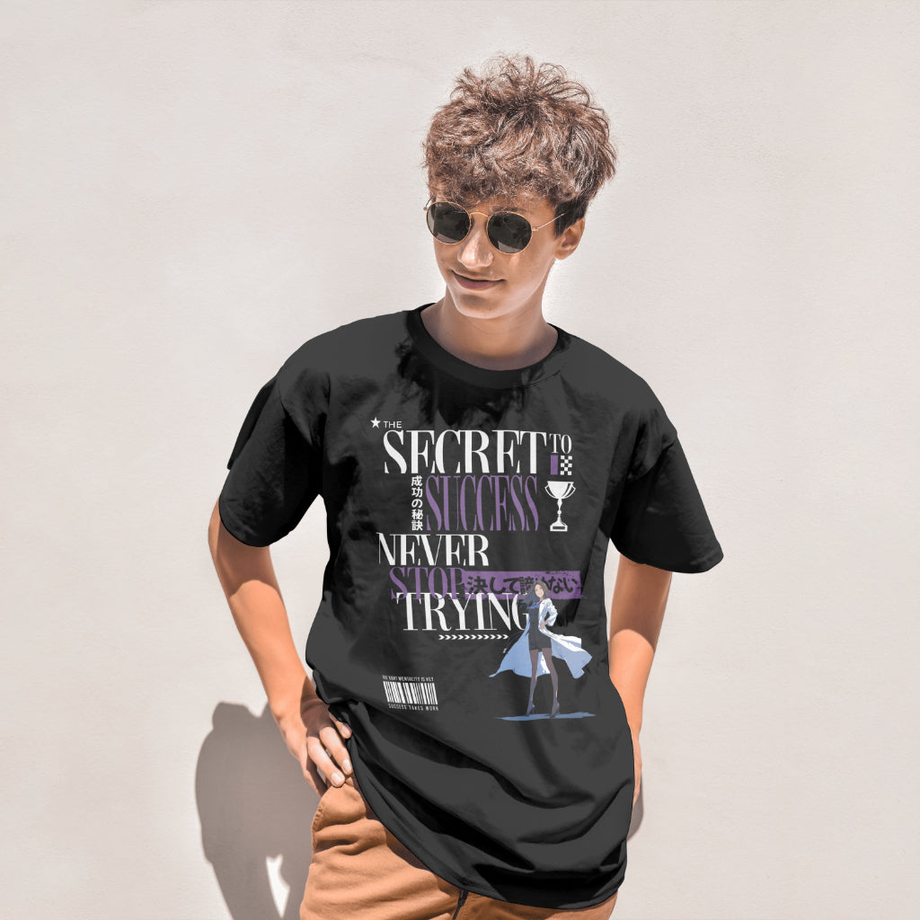The_Secret_to_Success_Never_Stop_Trying_v1_Unisex_T-Shirt__Black__Mockup_3