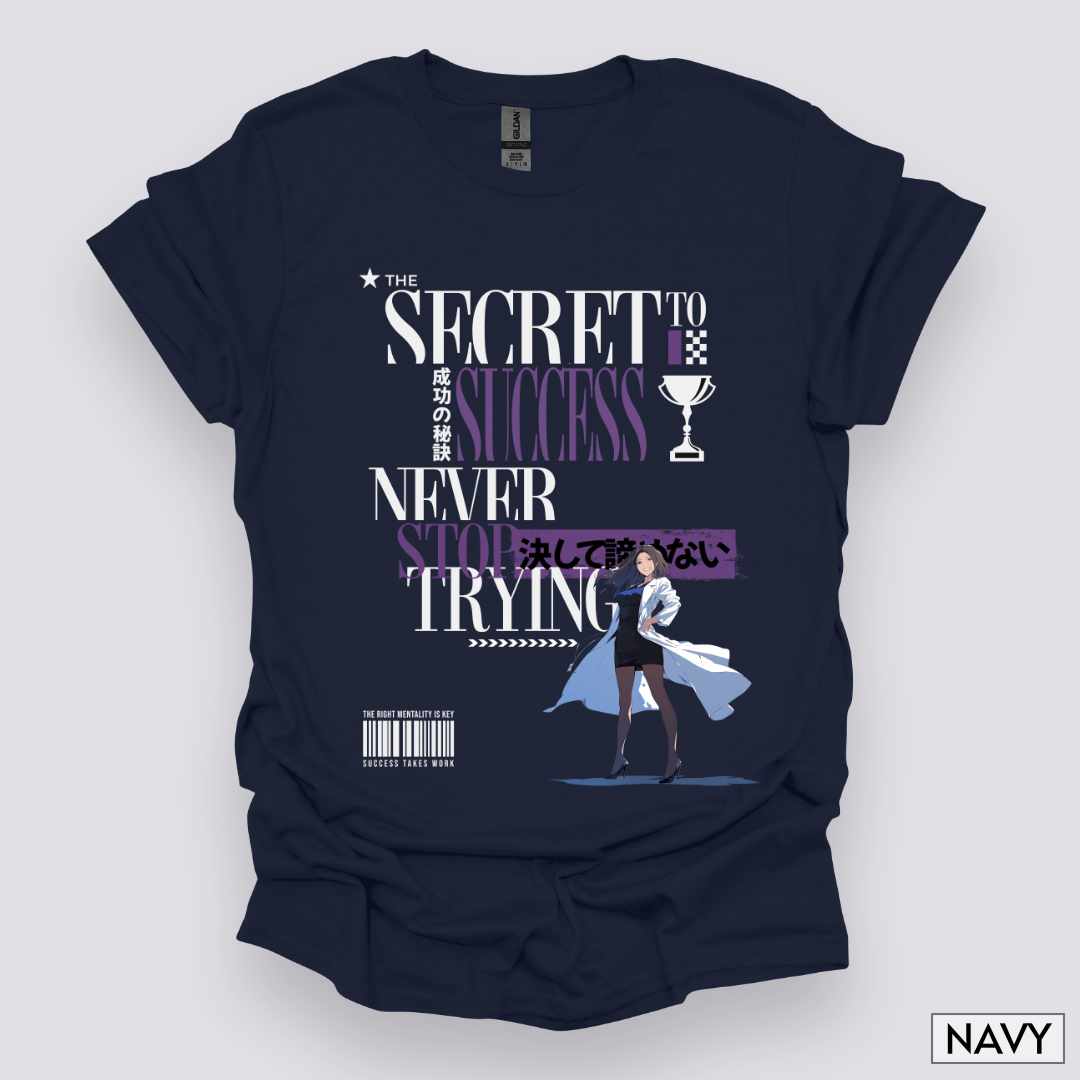 The_Secret_to_Success_Never_Stop_Trying_v1_Unisex_T-Shirt__Navy__Mockup