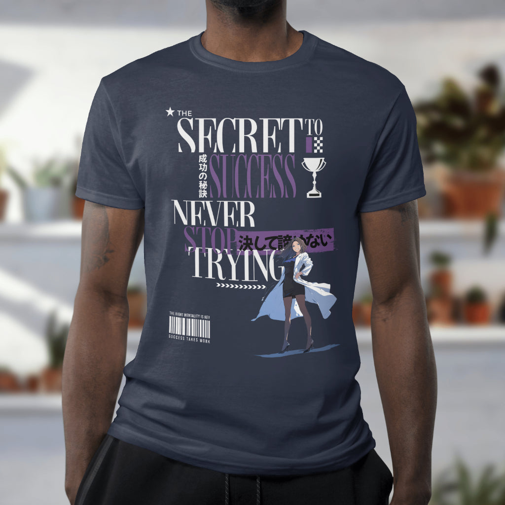 The_Secret_to_Success_Never_Stop_Trying_v1_Unisex_T-Shirt__Navy__Mockup_1