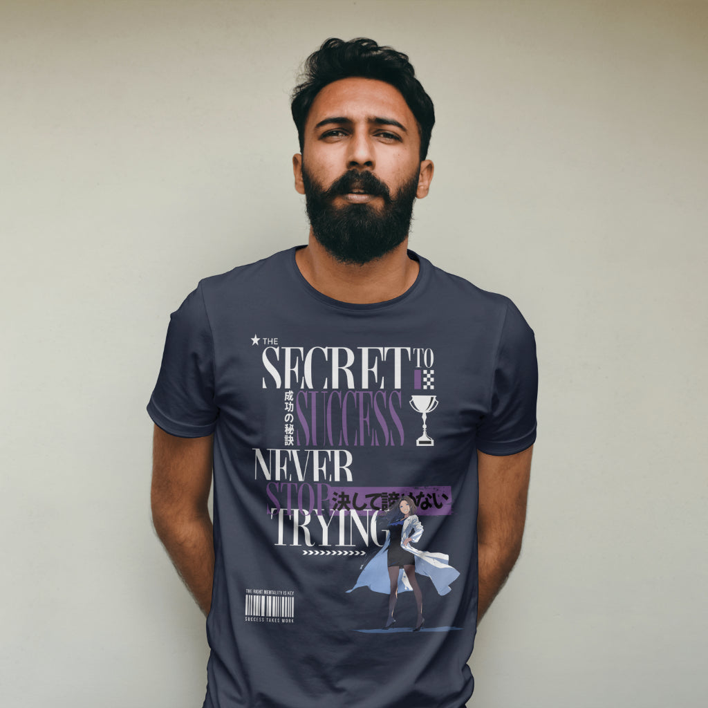 The_Secret_to_Success_Never_Stop_Trying_v1_Unisex_T-Shirt__Navy__Mockup_2