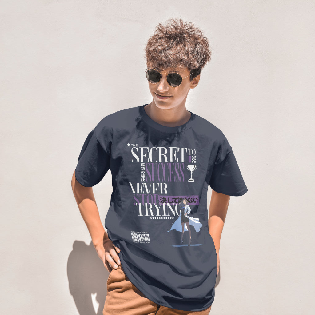 The_Secret_to_Success_Never_Stop_Trying_v1_Unisex_T-Shirt__Navy__Mockup_3