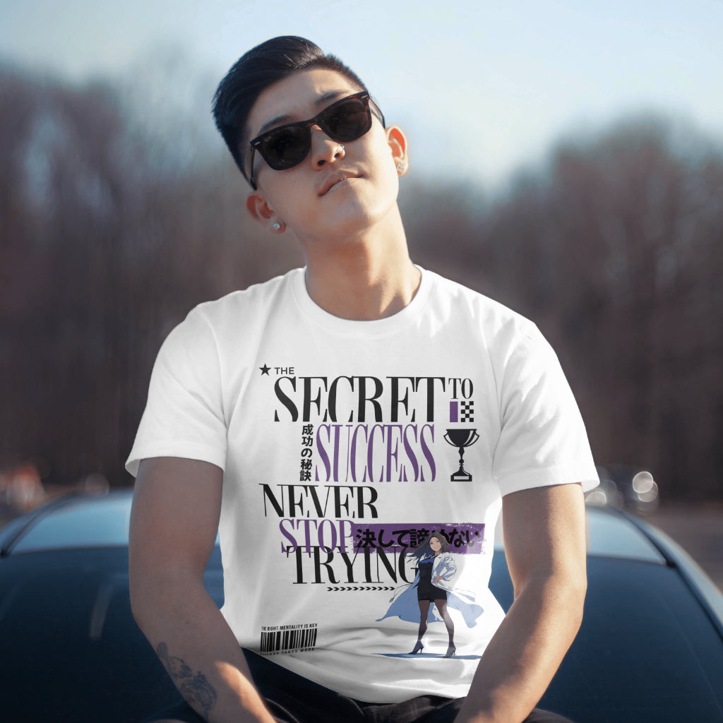 The_Secret_to_Success_Never_Stop_Trying_v1_Unisex_T-Shirt__White__Mockup_1