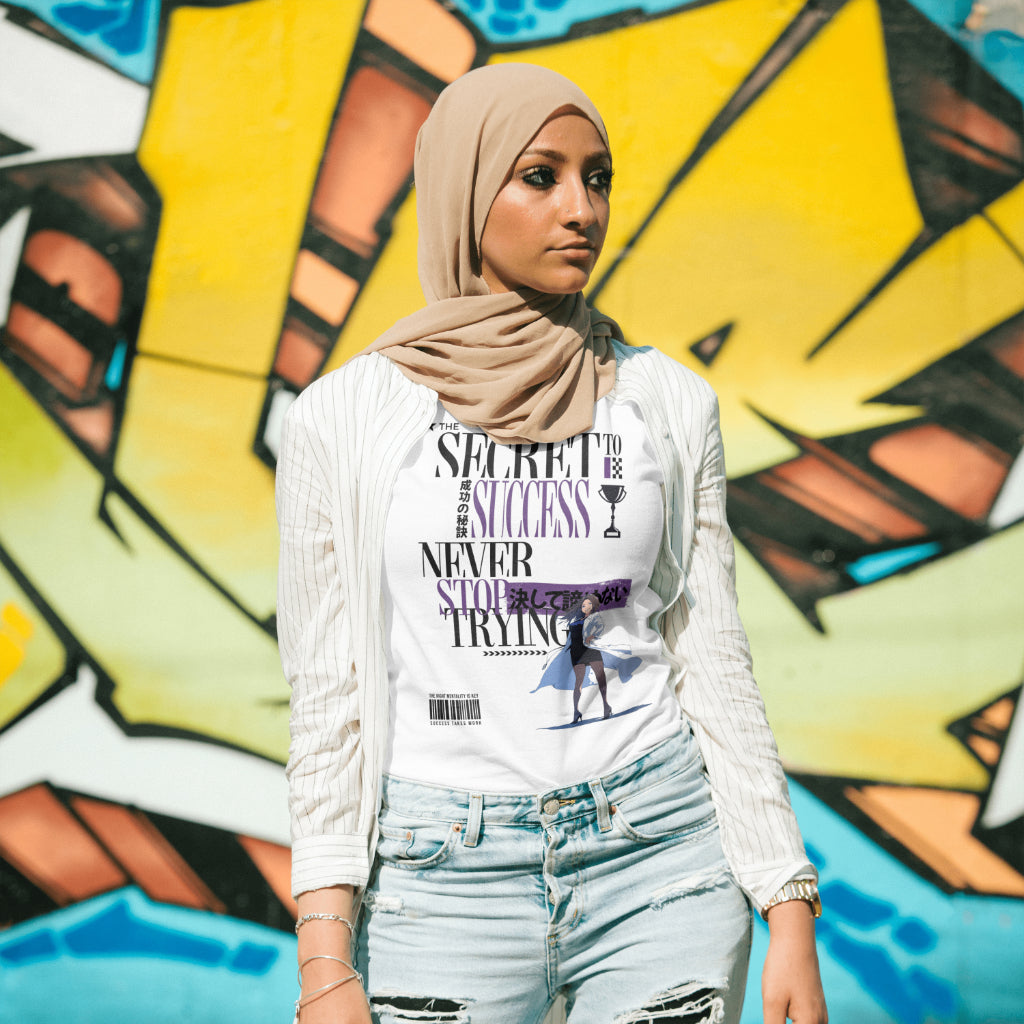 The_Secret_to_Success_Never_Stop_Trying_v1_Unisex_T-Shirt__White__Mockup_2