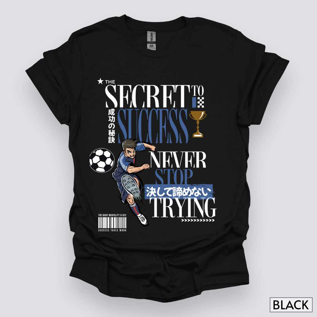 The_Secret_to_Success_Never_Stop_Trying_v2_Unisex_T-Shirt__Black__Mockup