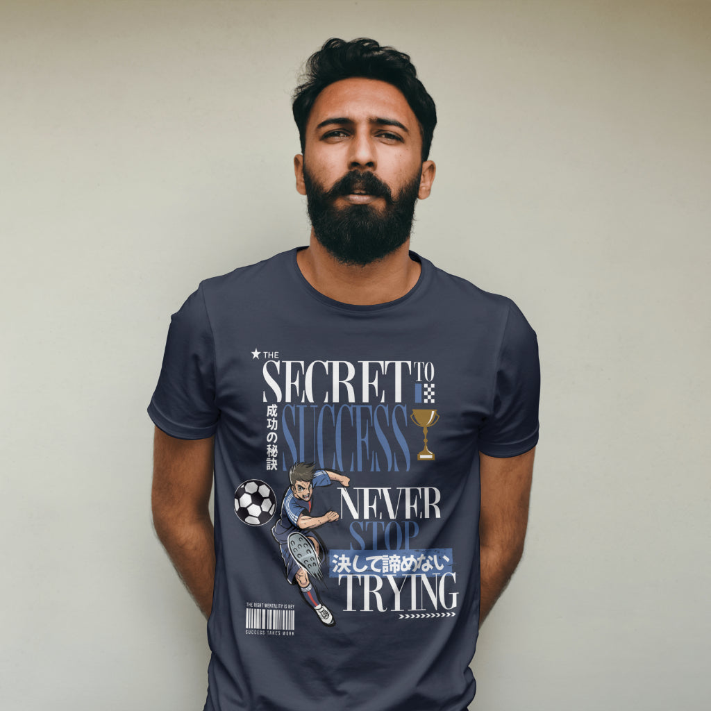 The_Secret_to_Success_Never_Stop_Trying_v2_Unisex_T-Shirt__Navy__Mockup_1