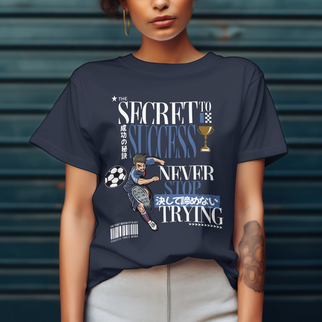The_Secret_to_Success_Never_Stop_Trying_v2_Unisex_T-Shirt__Navy__Mockup_3